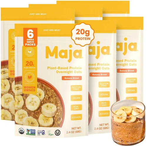 Vista 8 de Maja Avena orgánica durante la noche, avena con proteína de cacao y coco, 4 bolsas de una sola porción, avena vegana y sin gluten, deliciosa avena