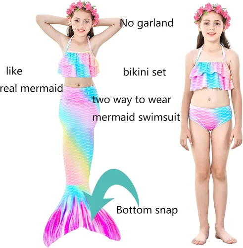 Vista 6 de DNFUN Colas de sirena para nadar para niñas, bikini de princesa, cola de sirena, traje de baño para niñas