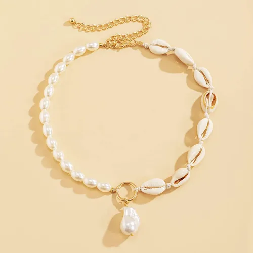 Vista 3 de Rumtock Delicada gargantilla ovalada de perlas con cuentas de concha de mar, collar de oro con colgante de perlas barrocas para mujeres y niñas