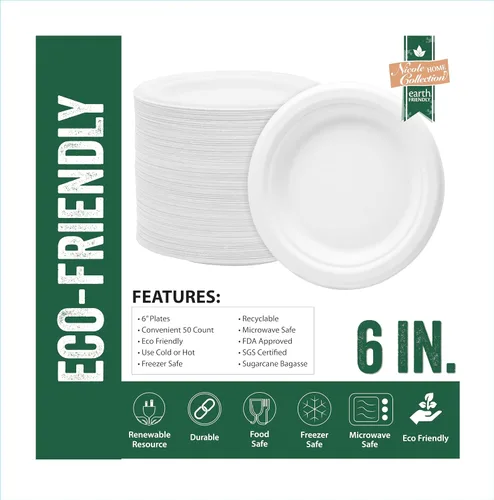 Vista 3 de Nicole Home Collection 1000 platos de papel desechables compostables resistentes de 6 pulgadas, 100% bagazo, biodegradables, ecológicos, caña