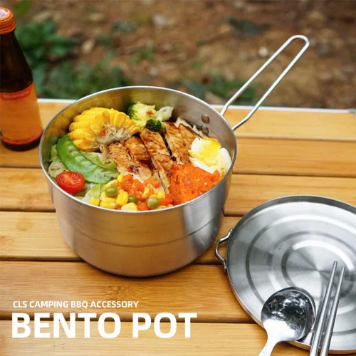 Vista 4 de DenpenTEC - Olla de acero inoxidable con tapa y mango plegable, olla Bento de gran capacidad de 1.5 L para acampar y senderismo