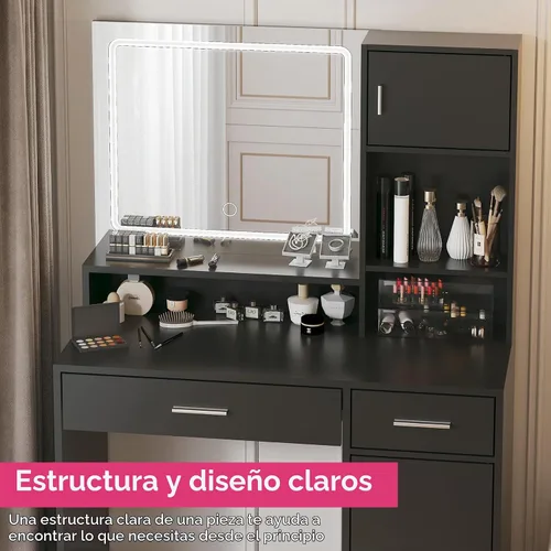 Vista 5 de MIRROTOWEL Escritorio de tocador con espejo de luz LED, tocador con cajón grande y almacenamiento de 3 niveles, brillo ajustable, 3 modos