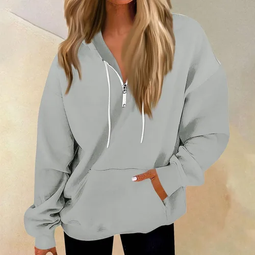 Vista 2 de Sudaderas con capucha con cremallera de un cuarto para mujer, sudaderas de gran tamaño con bolsillo para otoño e invierno