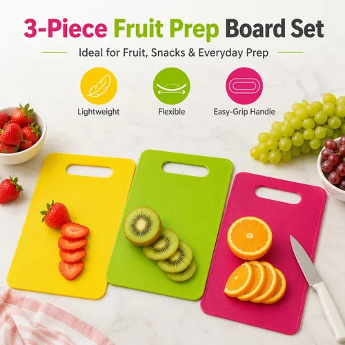Vista 5 de Juego de 3 tablas de cortar de plástico pequeñas, tablas de cortar frutas compactas con mango de fácil agarre, tablas de cortar flexibles de 3P