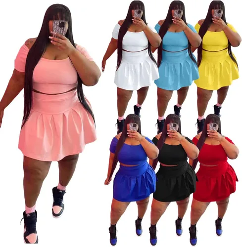 Vista 4 de Conjunto de falda para mujer, 2 piezas, trajes de club, tallas grandes, sexy, de verano, hombros descubiertos, mini vestido corto sin mangas