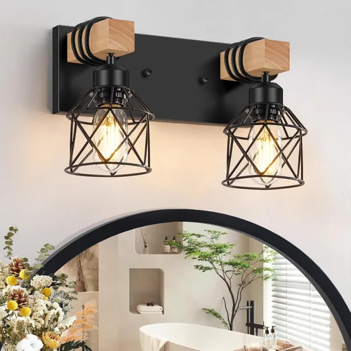 Vista 22 de FadimiKoo Juego de 2 apliques de pared, lámparas de pared de madera de cabecera con interruptor giratorio, lámpara de tocador de baño negra