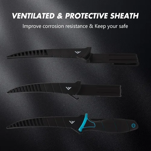 Vista 6 de FLISSA Juego de cuchillos de filete, cuchillo deshuesador y cuchillos de cebo con afilador, funda protectora, clip para cinturón, mango