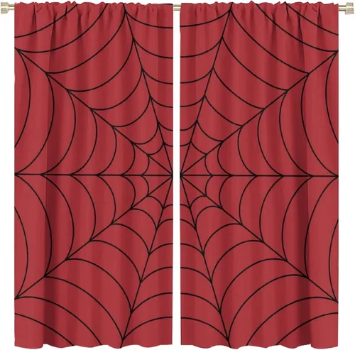 Vista 21 de Cortinas opacas de tela de araña aterradora para niños, tela de araña en blanco y negro, fondo rojo, dormitorio de niños, guardería, decoración