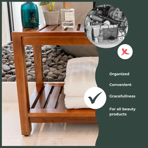 Vista 4 de Banco de ducha de teca de 30 pulgadas – Banco de madera totalmente montado con estante, resistente al agua, pies ajustables antideslizantes – Spa