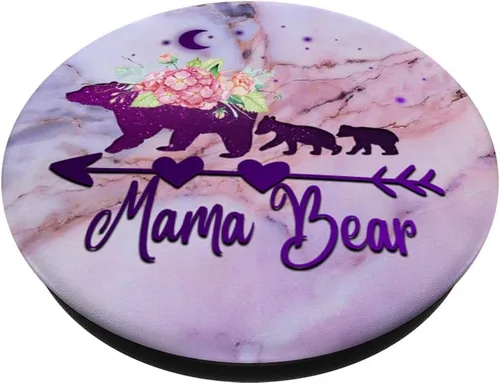 Vista 2 de Oso de mamá púrpura con dos cachorros sobre fondo rosa azul gris PopSockets intercambiable PopGrip