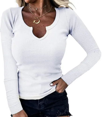 Vista 5 de Roselux Camisa de manga larga acanalada con cuello en V para mujer, ajustada, básica, de punto delgado