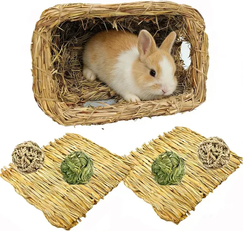 Vista 9 de Hamiledyi Cama de hierba de conejo, alfombrilla de heno natural hecha a mano, bolas masticables para conejo, chinchilla, conejillo de indias, hurón