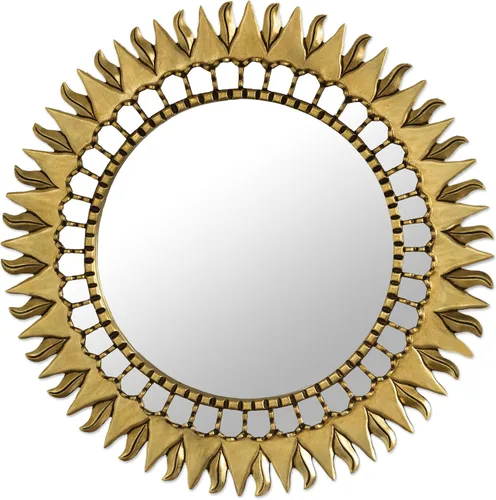 Vista 6 de NOVICA Mohena - Espejo de pared de madera y hoja de bronce, girasol, tono dorado, mediano