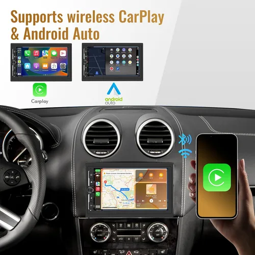 Vista 2 de Haudio - Radio de doble DIN para automóvil con CarPlay inalámbrico y Android Auto, pantalla táctil de 7 pulgadas, estéreo para automóvil, navegación
