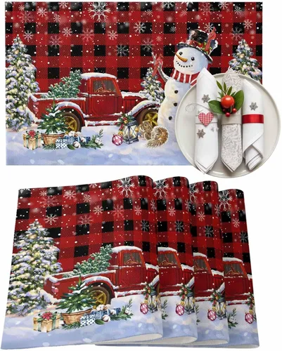 Vista 11 de Juego de 4 manteles individuales de árbol de Navidad, mantel rojo para decoración de mesa de comedor, manteles lavables de lino de algodón a cuadros