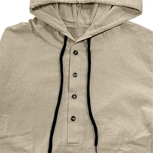 Vista 5 de Camisas de algodón y lino para hombre, estilo retro, hippie, guayabera, con capucha, manga larga, cuello en V, con botones, sudaderas con capucha