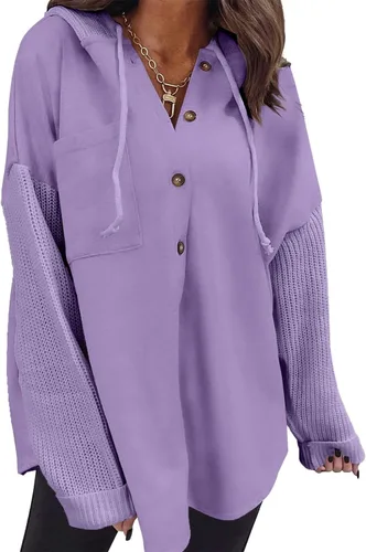 Vista 21 de SHEWIN - Sudadera de gran tamaño para mujer, de ajuste holgado, casual, manga larga, con botones, con capucha y bolsillos a gris