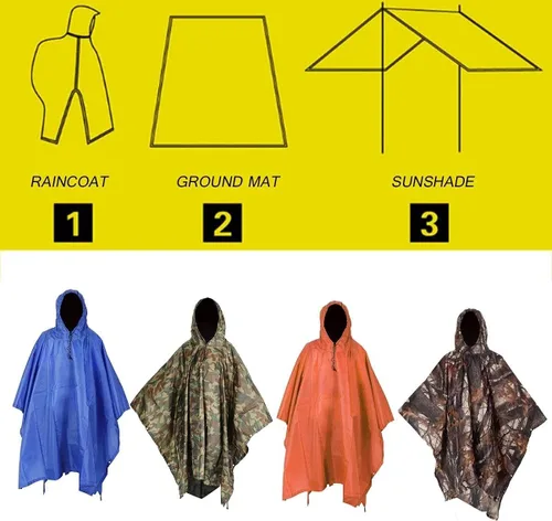 Vista 4 de Poncho de lluvia 3 en 1, impermeable, impermeable, tienda de campaña Ripstop, alfombra de piso, lona para camping, viajes, pesca