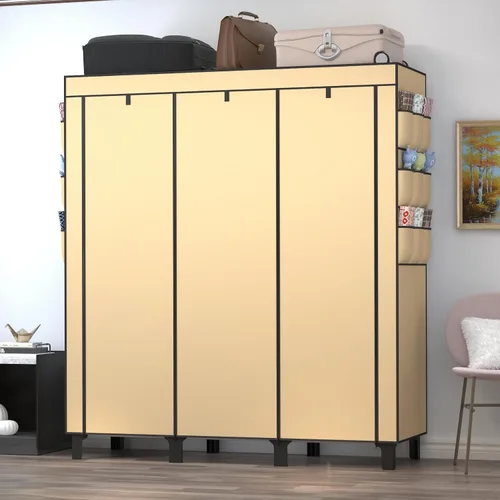 Vista 6 de Armario portátil con 10 estantes de almacenamiento y 2 postes para colgar, 18 bolsillos laterales no tejidos, tamaño 51.2 x 17.7 x 67.7 in, Beige