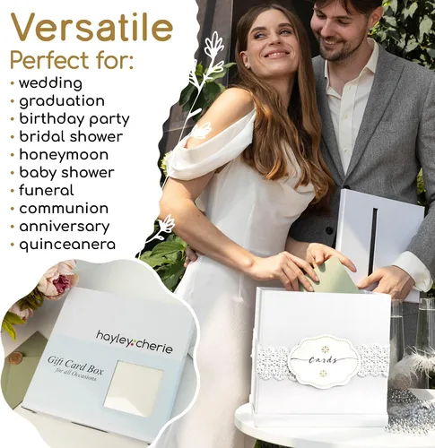 Vista 7 de Caja para tarjetas de boda blanca grande de 10 pulgadas con ranura, elegante caja de regalo para fiestas, graduaciones, cumpleaños, quinceañeras