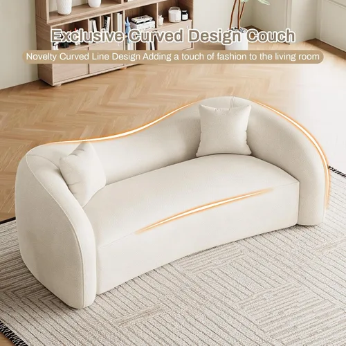 Vista 6 de Sofá curvado de 90.8 pulgadas para sala de estar, moderno y cómodo sofá de felpilla de 3 plazas sin hueso, asiento extra profundo y ancho con 2 Beige