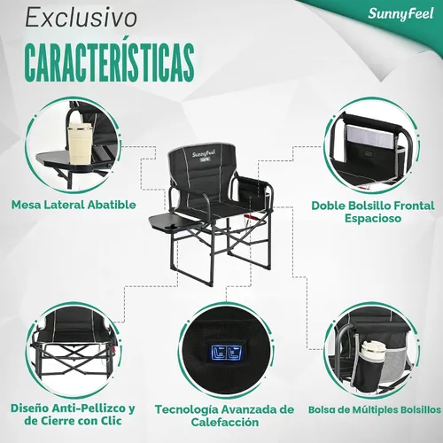 Vista 6 de SUNNYFEEL Silla de Camping con Calefacción para Directores, Silla Plegable Portátil de Gran Tamaño para Exteriores con Mesa Lateral, Bolsillo