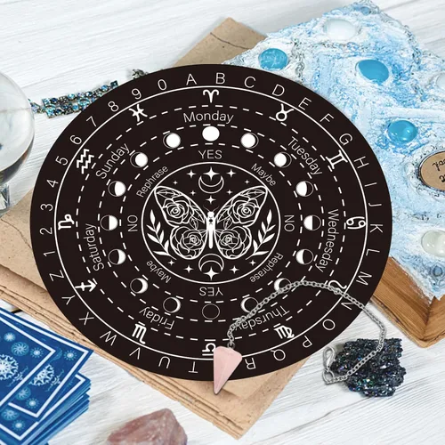 Vista 6 de INFUNLY Tablero de péndulo de madera de mariposa de 10 x 10 pulgadas con collar de cristal de péndulo, tablero de péndulo de madera redondo grande