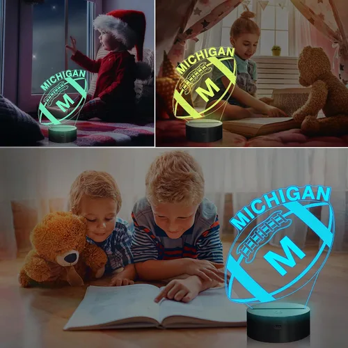 Vista 5 de Luz nocturna de fútbol 3D Michigan, regalos de fútbol, lámpara de ilusión 3D para niños, regalo de 16 colores cambiantes, control remoto