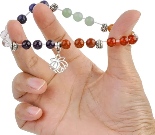 Vista 3 de Top Plaza Pulsera de curación de 7 chakras Reiki piedras reales yoga meditación mala pulseras elásticas para mujer aleación de plata dije de árbol