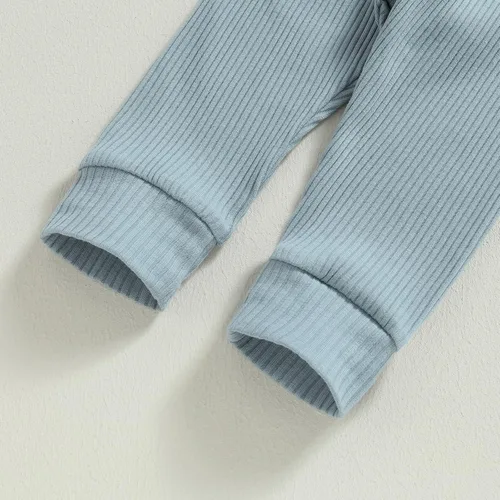 Vista 6 de Ropa de bebé recién nacido, ropa de punto acanalado, manga larga, pantalones de algodón sólido, trajes de otoño e invierno, 2 piezas