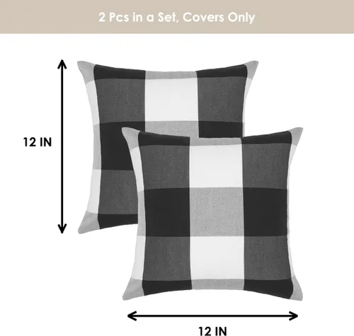 Vista 5 de Buffalo - Fundas de almohada a cuadros de granja de 12 x 12 Cuadros de cuadros de búfalo blanco y negro
