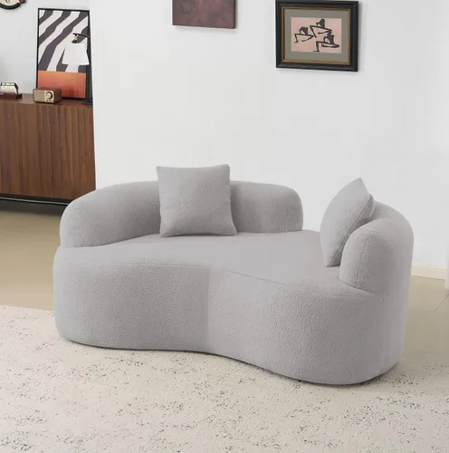 Vista 18 de Sofá biplaza curvado moderno de 67 pulgadas, sofá tapizado de terciopelo de peluche, cómodo sofá comprimido con 2 almohadas para espacios pequeños