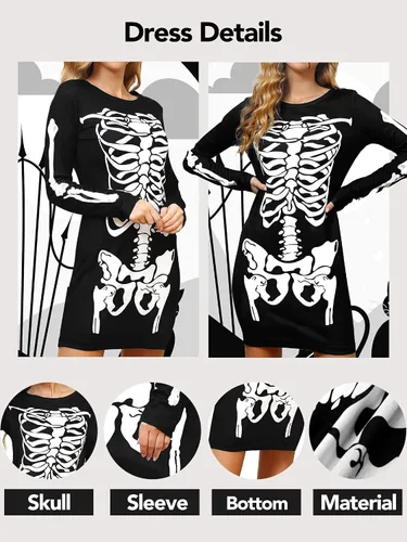 Vista 3 de XISOXU Disfraz sexy de Halloween para mujer, diseño de esqueleto, divertido, calabaza, murciélago, manga larga, cosplay, fiesta, baile