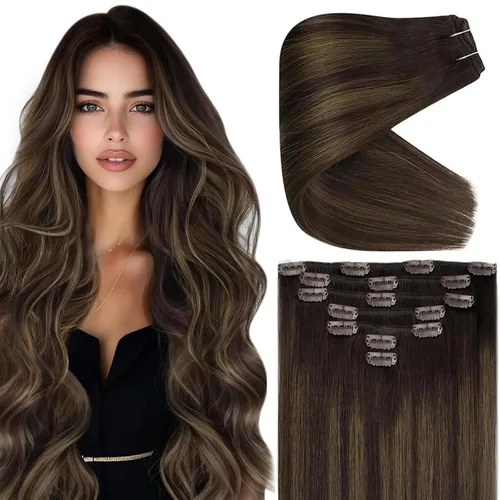Vista 50 de Ve Sunny Extensiones de cabello clip-in de cabello humano real con reflejos, extensiones de cabello con clip para cabello corto, marrón oscuro