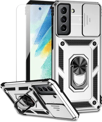 Vista 10 de Funda para Samsung Galaxy S21 FE 5G con cubierta para lente de cámara, protector de pantalla HD, soporte de anillo magnético con función de soporte