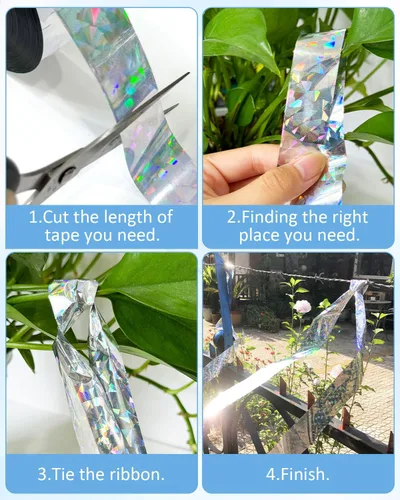 Vista 4 de 2 cintas de 502 pies para asustar pájaros, cinta holográfica reflectante de doble cara, dispositivos repelentes de pájaros audibles visuales