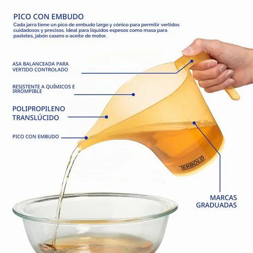 Vista 3 de Jarra de embudo con boquilla, juego de 2 piezas, jarras medidoras de plástico de 1 litro para pasteles, dispensador de panqueques, vertido de jabón