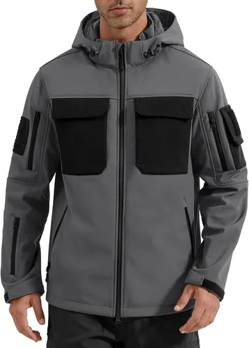 Vista 12 de FREE SOLDIER Chaqueta impermeable Softshell con forro polar para hombre, chaqueta táctica militar con capucha rompevientos Negro