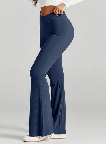 Vista 2 de Herseas Pantalones de chándal acampanados para mujer, cintura cruzada, pantalones acampanados para yoga