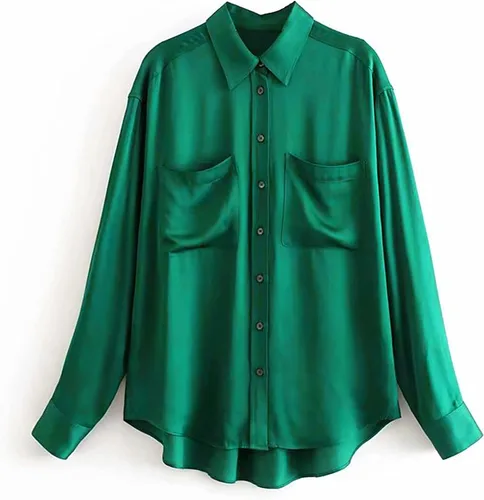 Vista 5 de Anewoneson Moda Mujer Camisa Turndown Collar Sólido Manga Larga Botón Bolsillo Blusa De Seda Camiseta
