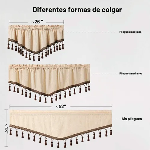 Vista 8 de ELKCA Cortinas de doble cara de felpilla para ventana de cocina, 52x18, bolsillo para barra, cenefa color beige para sala de estar, paquete de 1