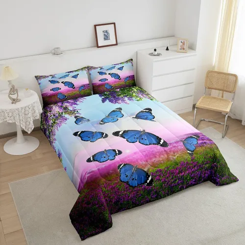 Vista 3 de Juego de ropa de cama de mariposa azul para adultos, mujeres y niñas, juego de edredón con estampado de lavanda morado, tamaño individual, diseño