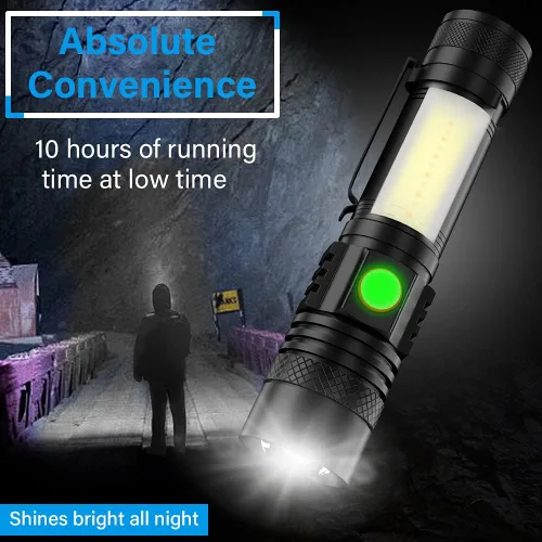 Vista 4 de Linterna recargable por USB, linternas magnéticas LED, linternas tácticas súper brillantes con luz lateral mazorca, impermeable, zoomable, 6 modos