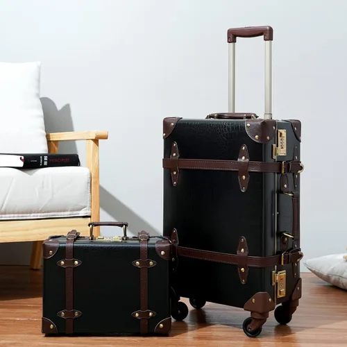 Vista 2 de urecity Juego de 2 maletas vintage, maleta retro con ruedas para hombres y mujeres, lindo juego de equipaje de viaje de diseñador con bolsa
