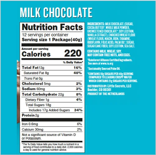Vista 2 de Little Secrets Obleas Crujientes de Chocolate con Leche 1 Paquete Doble Fabricado en Europa Nada Artificial y Sin Alcoholes de Azúcar Cacao