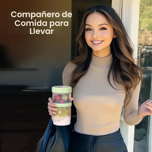 Vista 8 de ComSaf Paquete de 2 recipientes de avena con tapas de 27 onzas, vasos de plástico para yogur y parfait con cucharas plegables para llevar, tarros