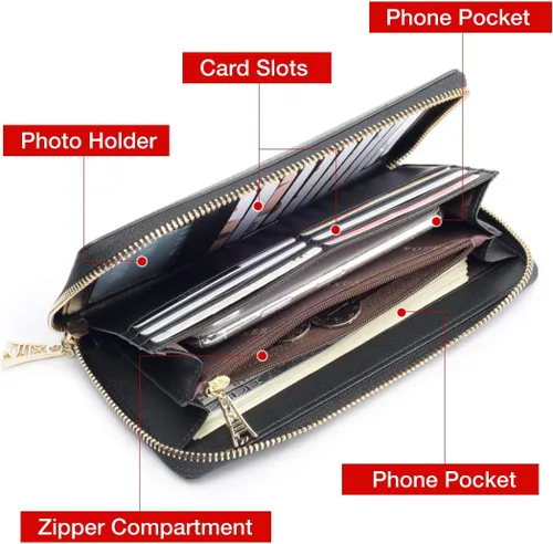 Vista 3 de Carteras de cuero para mujer, cuero genuino RFID bloqueo caja de regalo embalaje