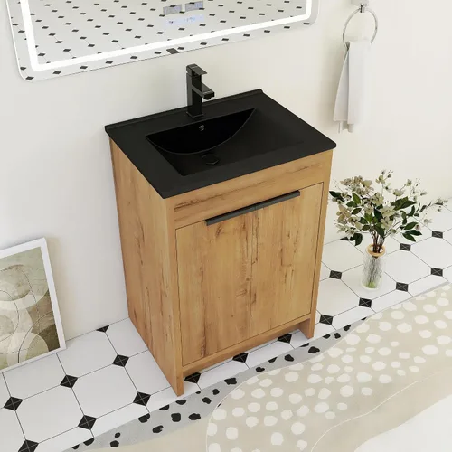 Vista 17 de Tocador de baño pequeño de 16 pulgadas con lavabo, tocador de baño independiente de 16" para espacios pequeños, gabinete de madera contrachapada