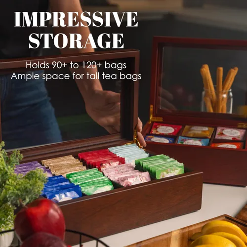 Vista 4 de Caja de té – Organizador de bolsas de té de madera de lujo de The Apace Premier Collection – Contenedor de almacenamiento de té de 6 compartimentos
