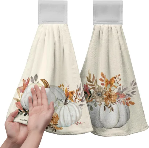 Vista 12 de Juego de 2 toallas de cocina colgantes de hojas tropicales de verano, color verde, hojas de palmera, con bucles para colgar, suaves y absorbentes